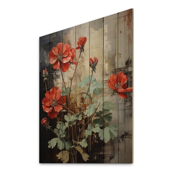 Designart "Red Geraniums Scarlet Bloom Collage I" Floral & Botanical Print on Natural Pine Wood