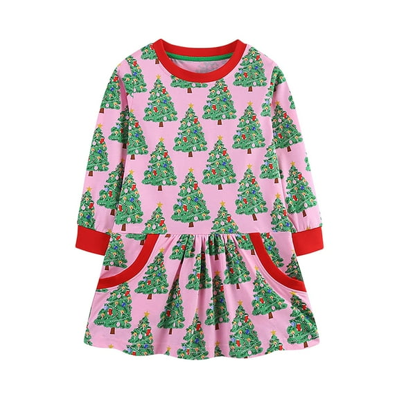 NIEWTR Toddler Girl Long Sleeve Dress Stripe Christmas Tree Print Cotton Casual Tunic Playwear Basic Shirt Party Dresses(6Y,A02-Pink)