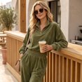 thumbnail image 4 of Szluipve 2 Piece Sets for Women Velour 2 Piece Tracksuit Half Zip Stand Collar Long Sleeve Top Elastic Waist Wide Leg Pants Casual Velvet Loungewear Outfit Army Green M, 4 of 8