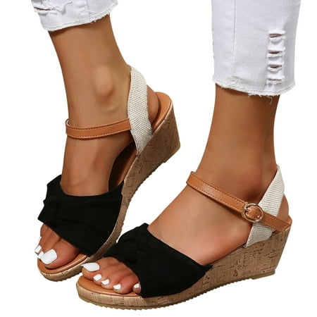 

SEMIMAY Summer Women s Buckle Strap Bow Tie Flock Wedges Comfortable Beach Open Toe Breathable Sandals Shoes Black