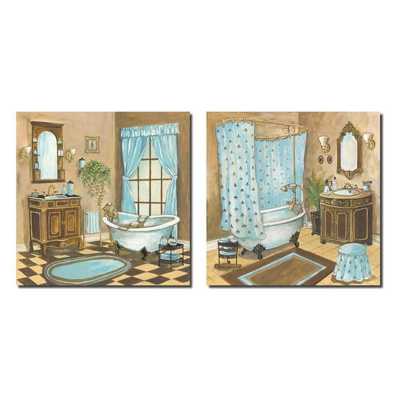 French Blue and Brown Bathtub and Sink Adult Bathroom Decor; 2 - 12" x 12" Unframed Posters