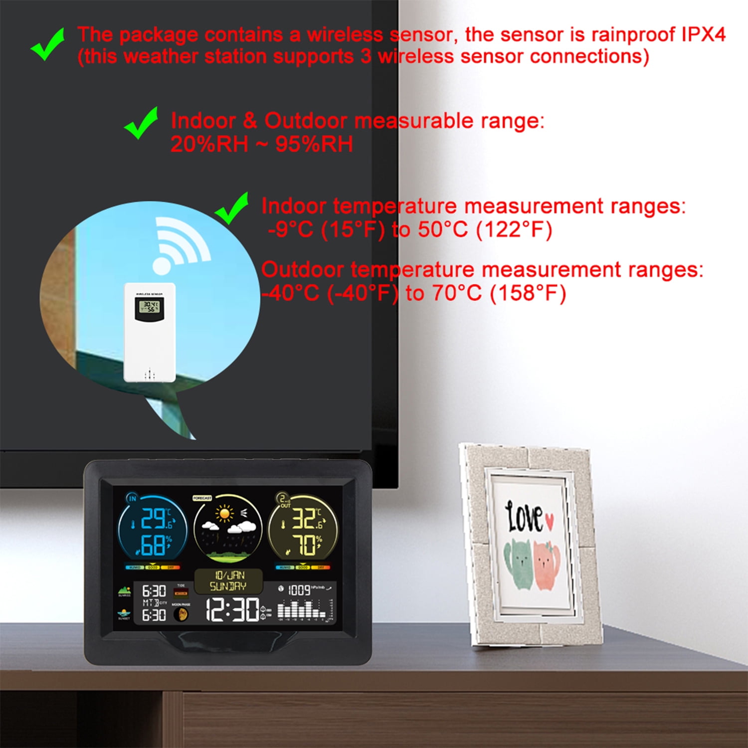 Meteorological clock,Indoor And Weather Station Screen Weather Clock Meter Color Screen Color Screen Weather Clock Temperature With Temperature Meter With Clock Indoor Sens