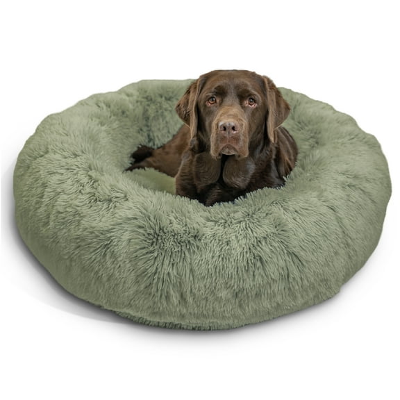 Open Box Best Friends by Sheri The Original Calming Donut Dog Bed – Washable Plush Pet Bed for Large Breeds up to 100 lbs, Shag Faux Fur, Sage Green, Large (36" x 36")