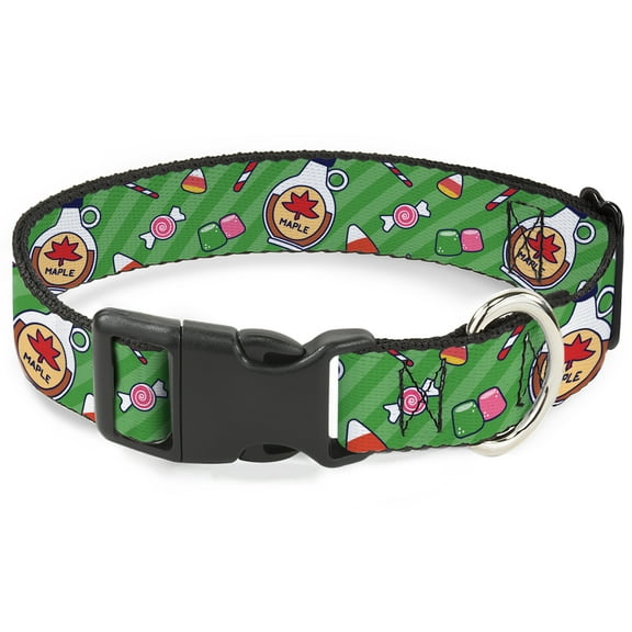 Warner Bros. Holiday Movies Pet Collar, Dog Collar Plastic Buckle, Elf Sweets Icons Scattered Stripe Greens, 7 to 8.5 Inches 0.5 Inch Wide