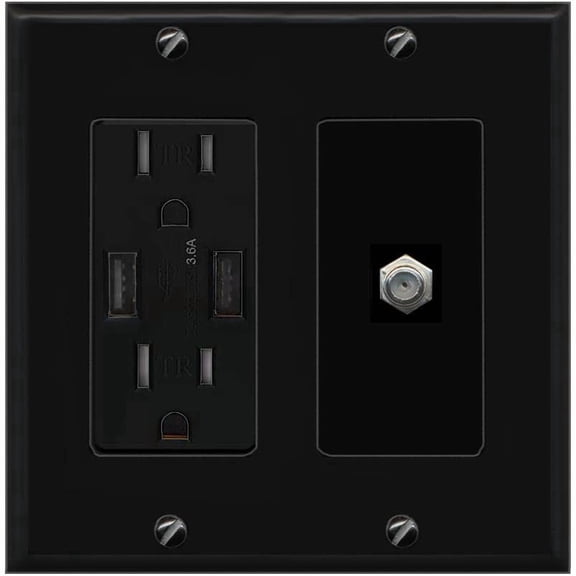 RiteAV 1 Port Coax Cable TV F-Type Wall Plate - USB Charger [Black/Black]