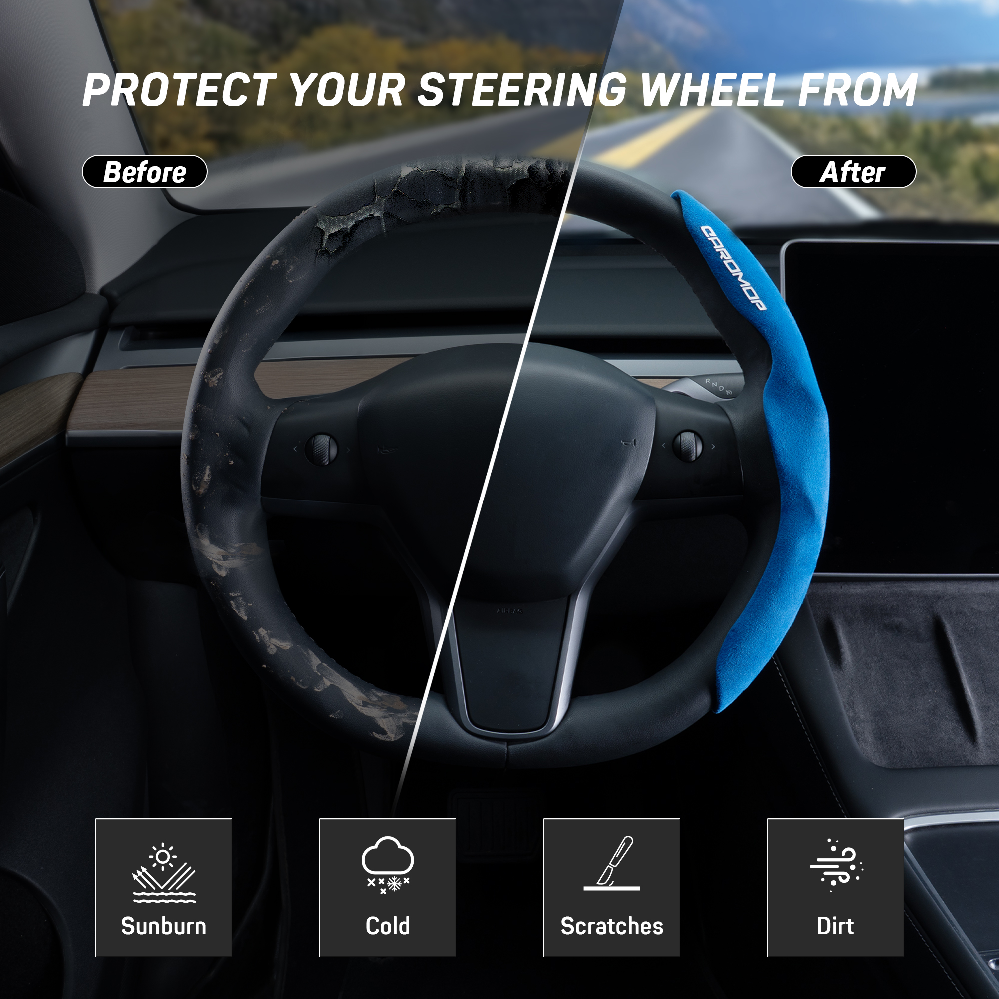 Caromop Suede Steering Wheel Cover, 14.5-15 in, Non-Slip, 2 pack, Blue