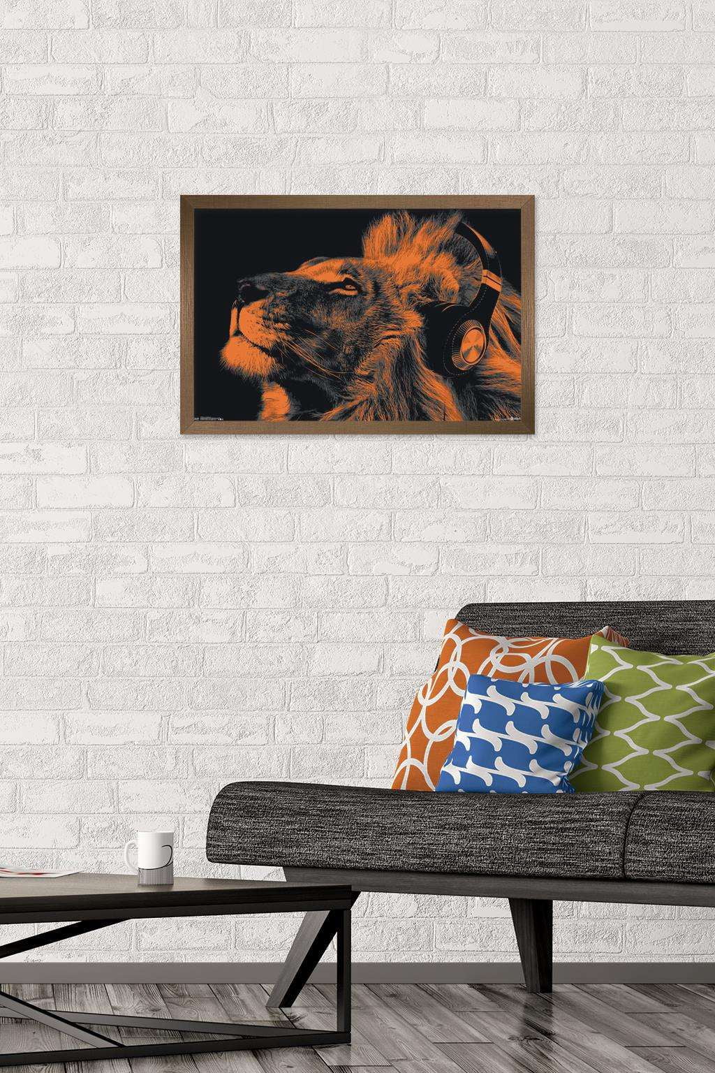 Lion With Headphones Wall Poster, 14.725" x 22.375", Framed