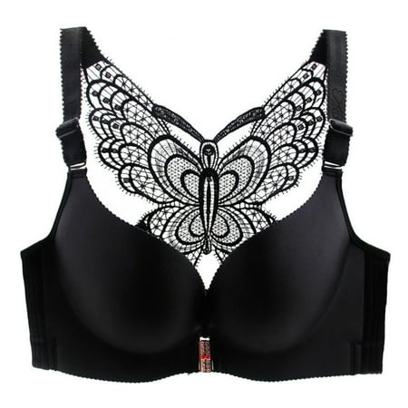 

Butterfly Embroidery Front Closure Wireless Bra Adjustable Push Up Bra Plus Size Everyday Wireless Women Bralettes Black 44/100c