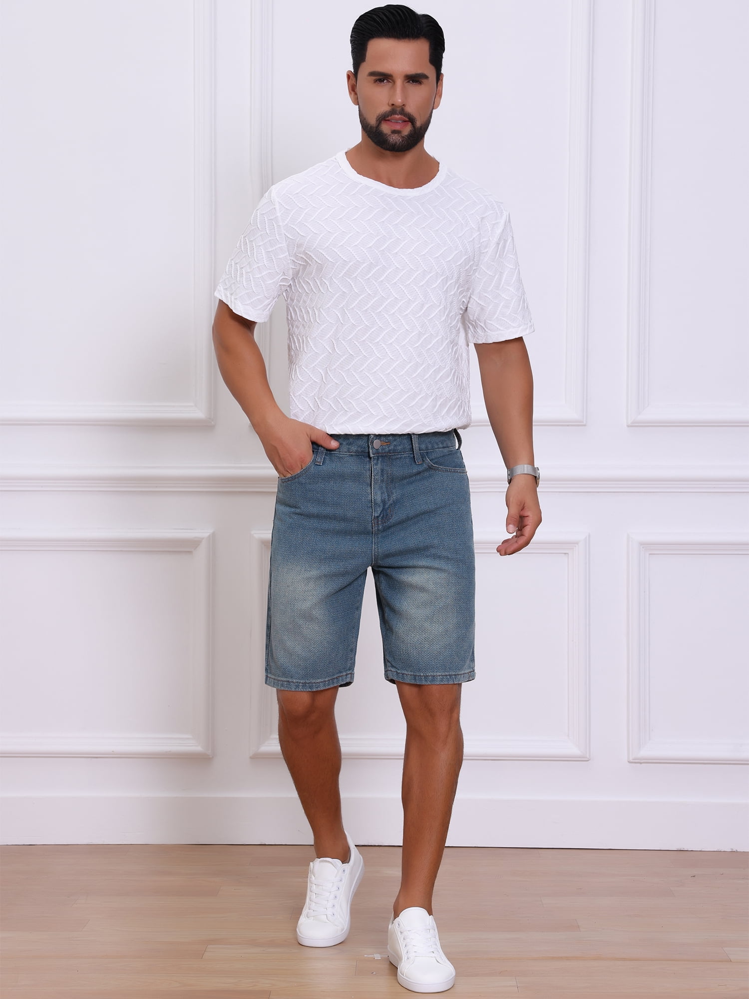 DARING DIVA Men's Textured Denim Above Knee Zipper Closure Jean Shorts 30 Dark Blue