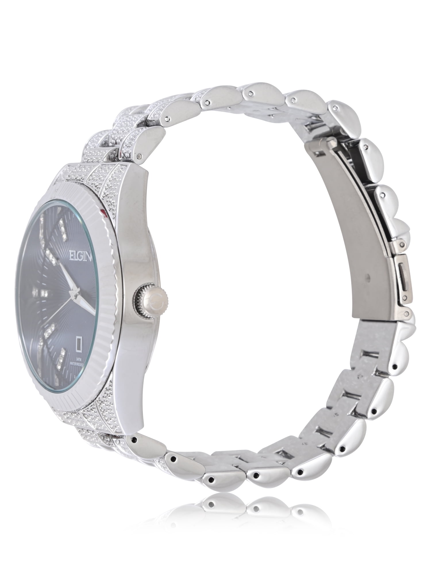 Elgin Adult Men's Silver and Crsytal Round Case Watch with Blue Dial. (FG180038)