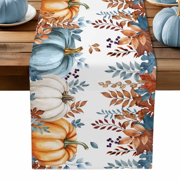 Table Runner Dresser Scarves 70 Inch Long,Country Pumpkin Thanksgiving Leaf Linen Dining Table Runners Fall Blue White Orange Plant Tabletop Scarf for Wedding Holiday Party Kitchen
