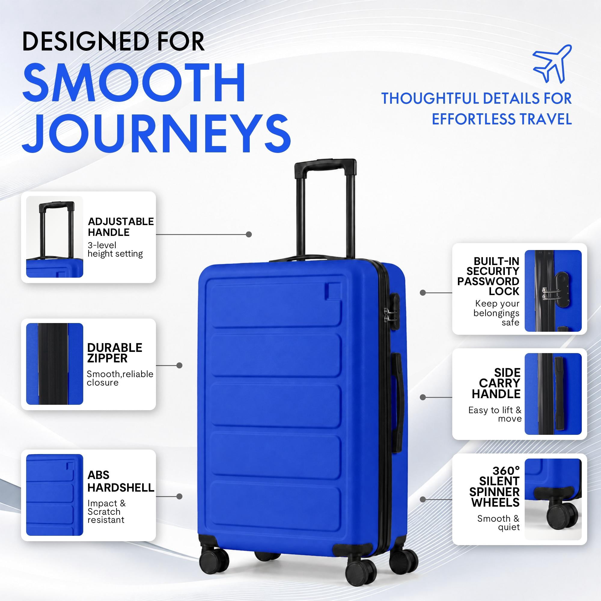 3-Piece ABS Hardshell Luggage Set, Lightweight Scratch-Resistant Suitcases with Silent Spinner Wheels & TSA Lock, Royal Blue