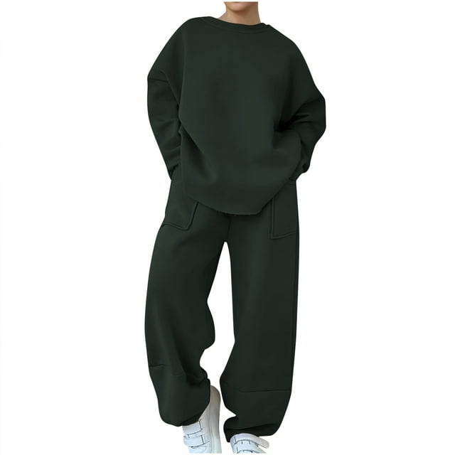 ShomPort Sweatsuit for Womens Long Sleeve Round Collared Drop Shoulder Oversized Sweatshirt Baggy Pants with Pockets Trendy Athletic Set