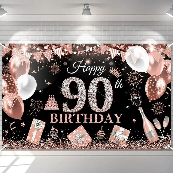Happy 90th Birthday Banner for Women Black and Rose Gold Glitter Balloon 90 Birthday Party Backdrop 90 Year Old Bday Photography Background Party Supplies