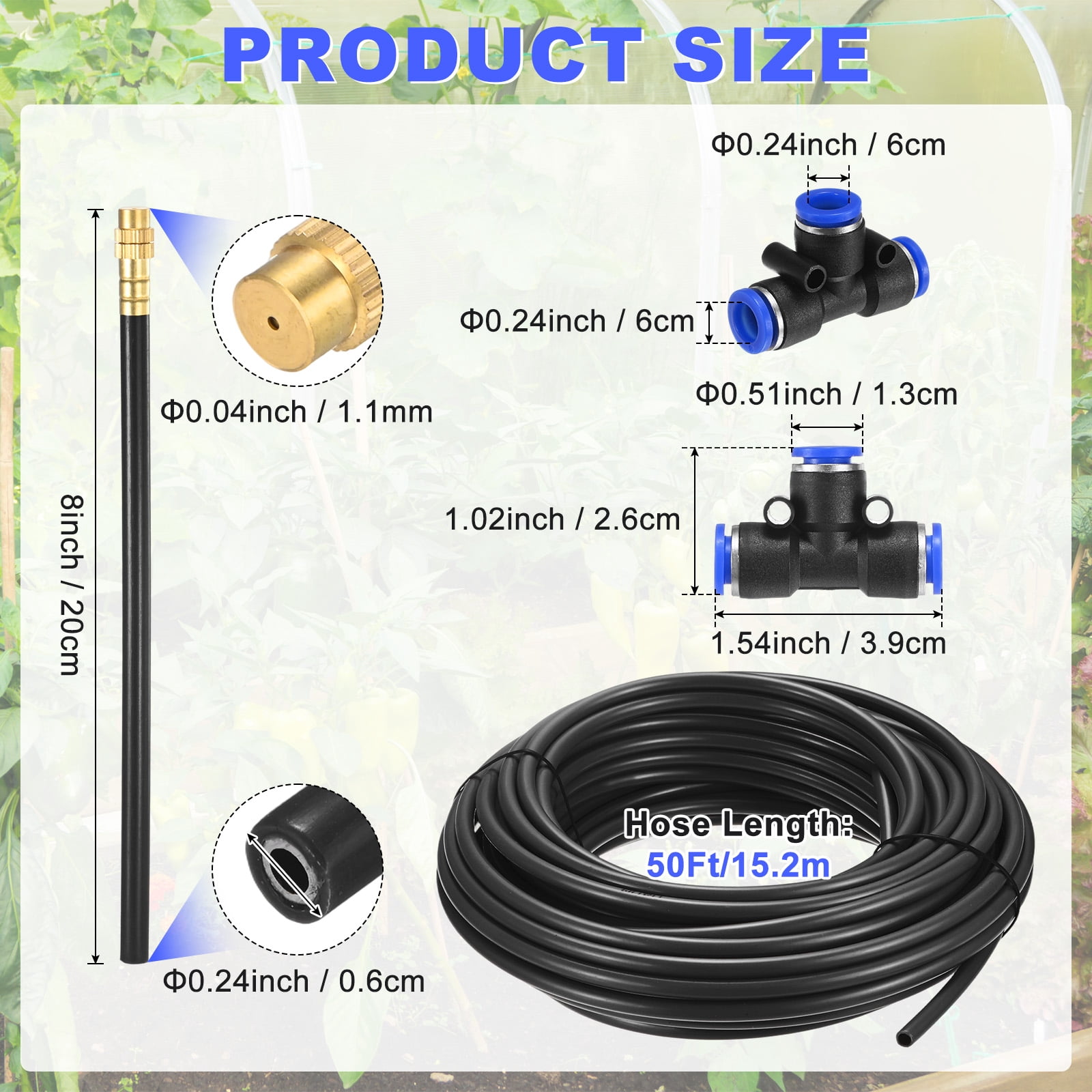 Uxcell 1-Set Drip Irrigation Systems, 50Ft 1/4" Hose Garden Watering Misting System with 12pcs 360° Adjustable Copper Nozzles