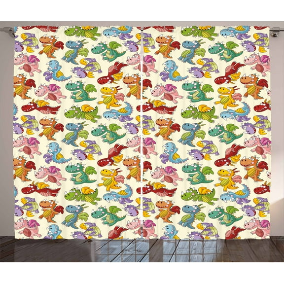 Ambesonne Dragon Curtains 2 Panel Set, Silly Dragons Art, 108" x 63", Multicolor