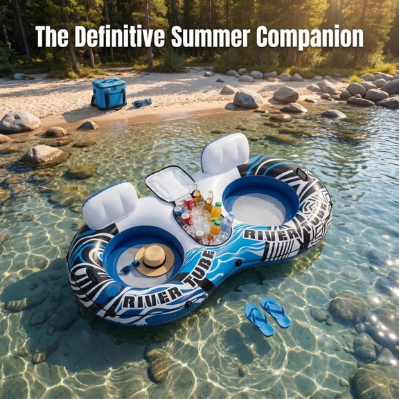 Chiccushion Pool Float 2 Pack Inflatable River Floaters with Detachable Refrigerators Two Cup Holders Supportive Backrest and Grab Ropes for Outdoor Water Entertainment,Blue