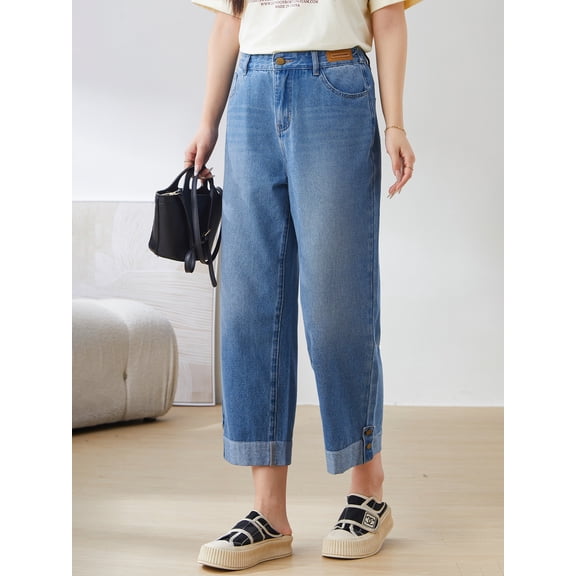 High waist and thin rolled-foot denim trousers