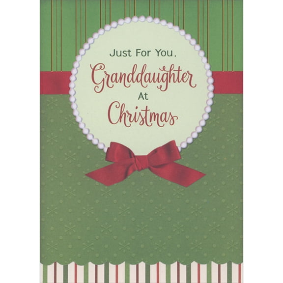 Designer Greetings Embossed Pearl Bordered Circular Frame with Red Ribbon on Green Christmas Card for Granddaughter