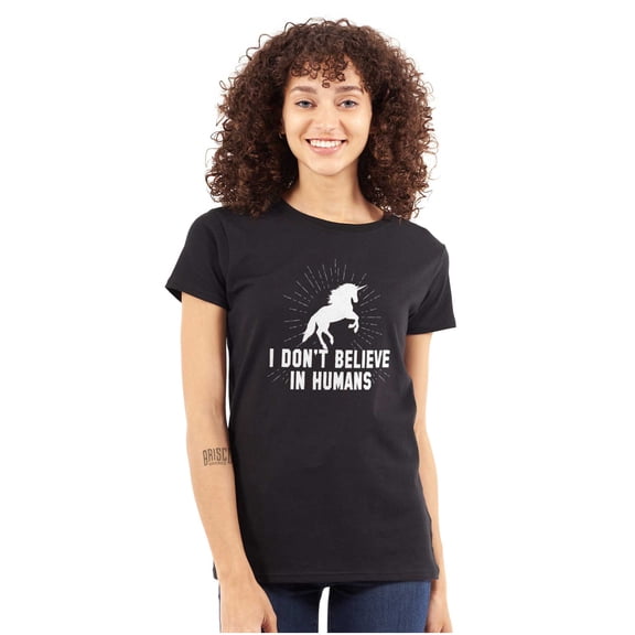 I Dont Believe in Humans Unicorn Womens Fitted Plus Size Graphic Tee Brisco Brands 2X