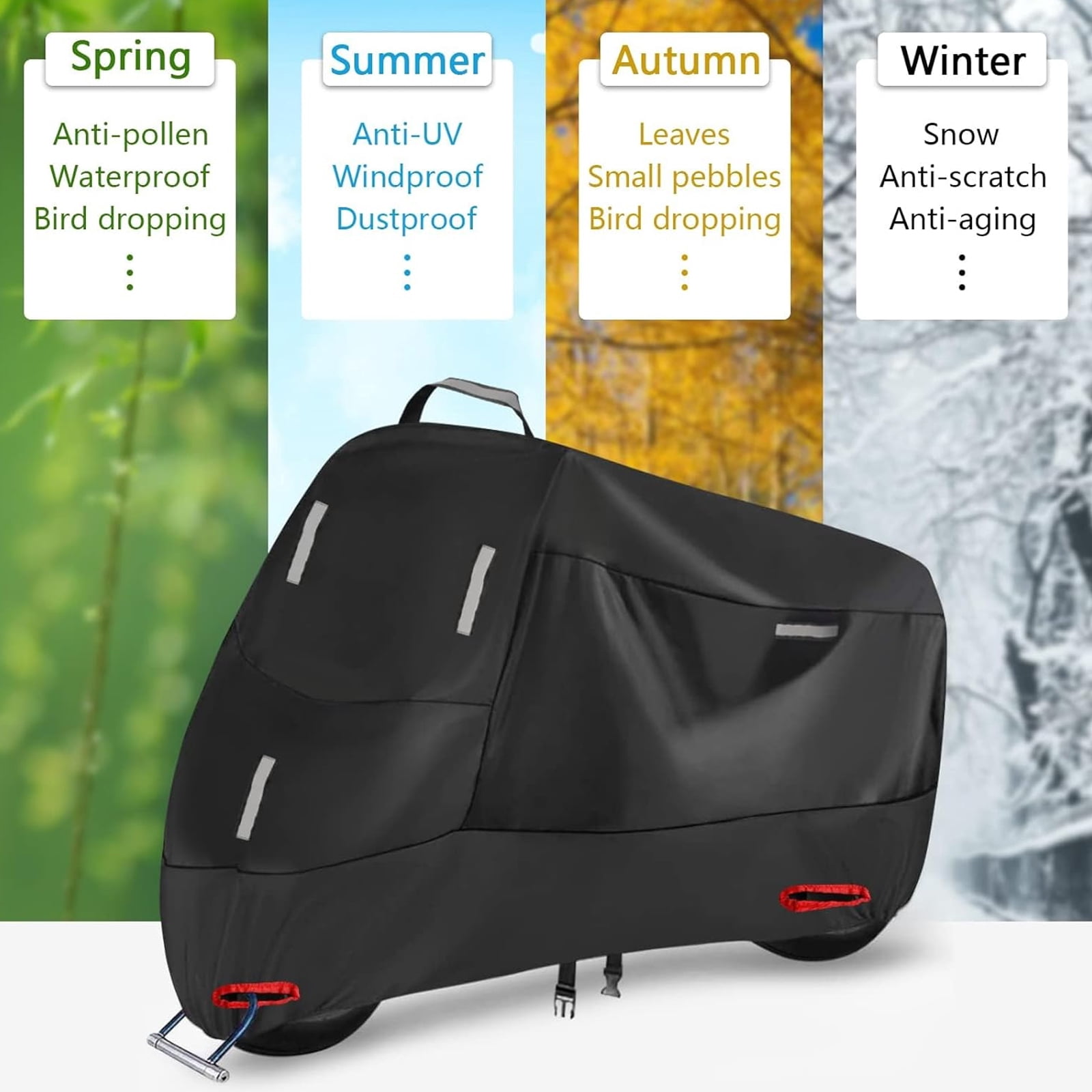 300D Heavy Duty Motorcycle Cover - All Season Waterproof Outdoor Protection with Lock-Holes, Night Reflective & Storage Bag Fits up to Cruiser, Touring, Sportbike, Dirt Bike, Scooter(XXL))