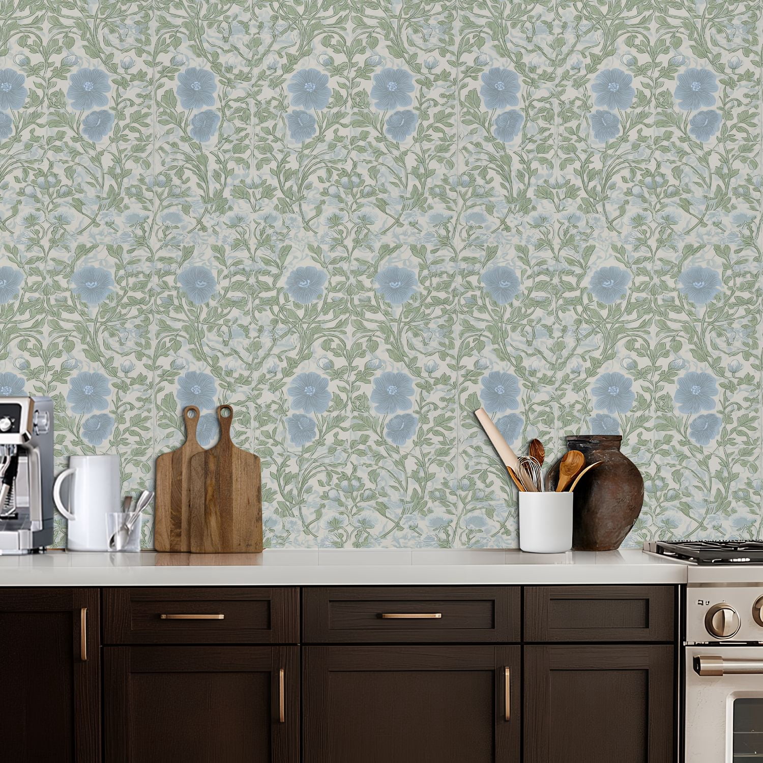 Peel and Stick Wallpaper Delicate Blue Floral Green Leaves Soft Beige Wall Mural 17.7in x 9.8ft Self Adhesive Removable Wall Paper Renter Friendly Wallpaper for Nursery Bedroom Cabinets