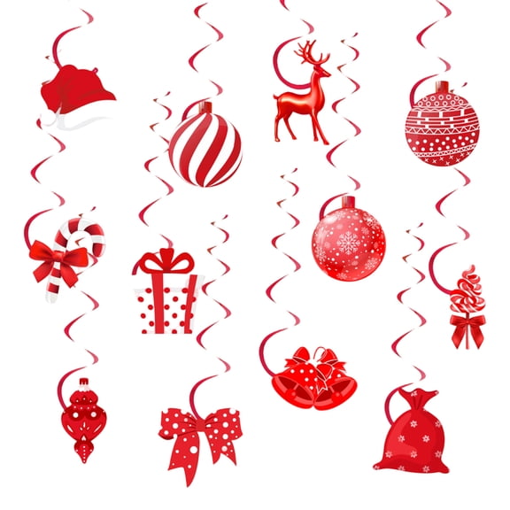 Christmas Decorative Swirling Hanging Ornament, Double-Sided Print for Festive Party Ceiling Suspended Decor 12 Piece Set Red