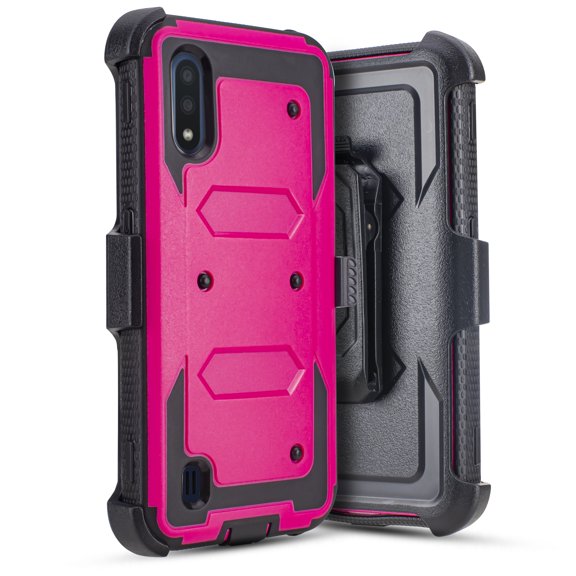 for Samsung Galaxy A01 015 Case Phone Case Dual Layer Full-Body Rugged Clear Back Case Drop Resistant Shockproof Case with Built In Screen Protector (Pink)