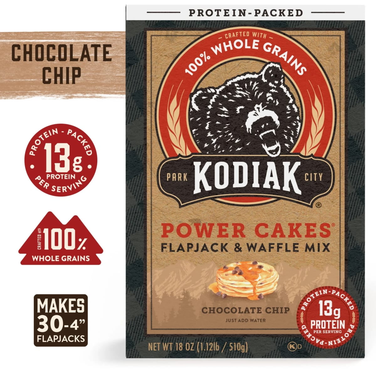 (6 pack) Kodiak Protein-Packed Power Cakes Chocolate Chip Pancake and Waffle Mix, 18 oz Box