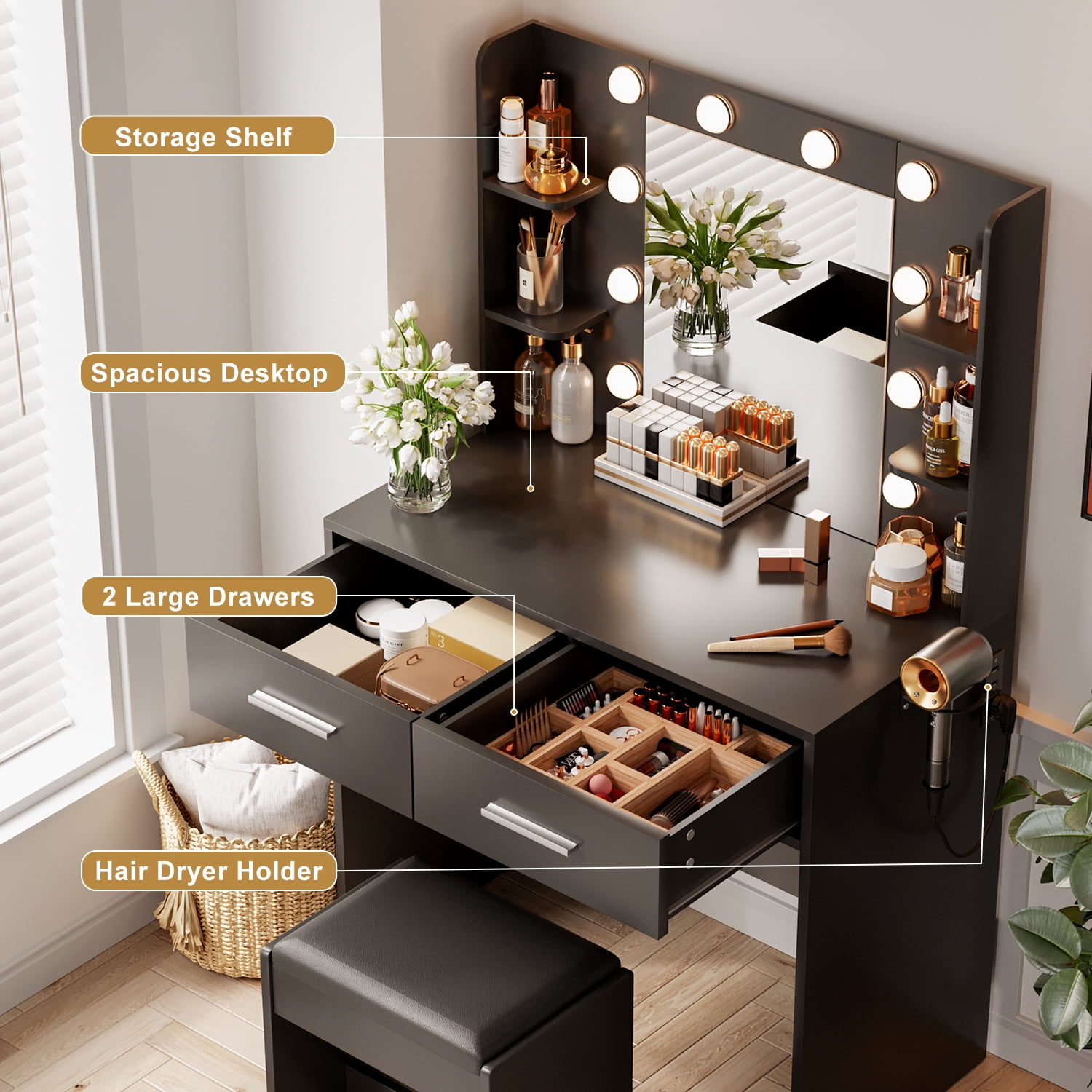 Vineego Makeup Vanity Desk with Lighted Mirror & Power Outlet, Makeup Vanity with stool,Black