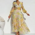 thumbnail image 5 of Lovskoo 2024 Women's Boho Floral Print Ruffle Long Puff Sleeve Deep V Neck Casual Chiffon Tiered Flowy Swing Party Long Maxi Dress Yellow L, 5 of 9