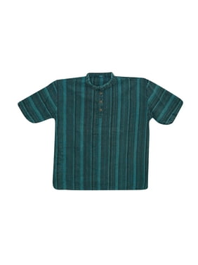 Mogul Mens Blue Kurta Shirt Handloom Cotton Short Sleeves Stripes Tunic