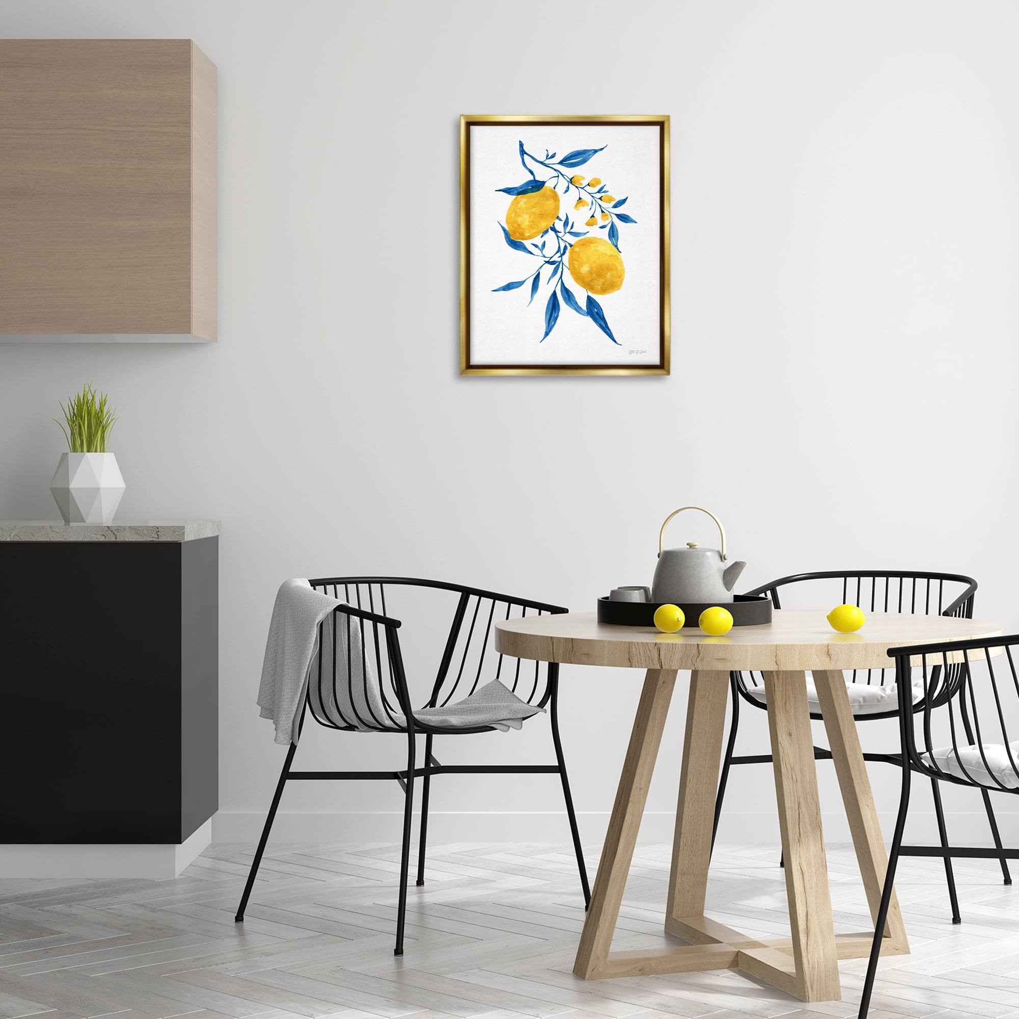 Stupell Industries Lemons with Blue Leaves Food & Beverage Painting Gold Floater Framed Canvas Art Print Wall Art, 17 x 21