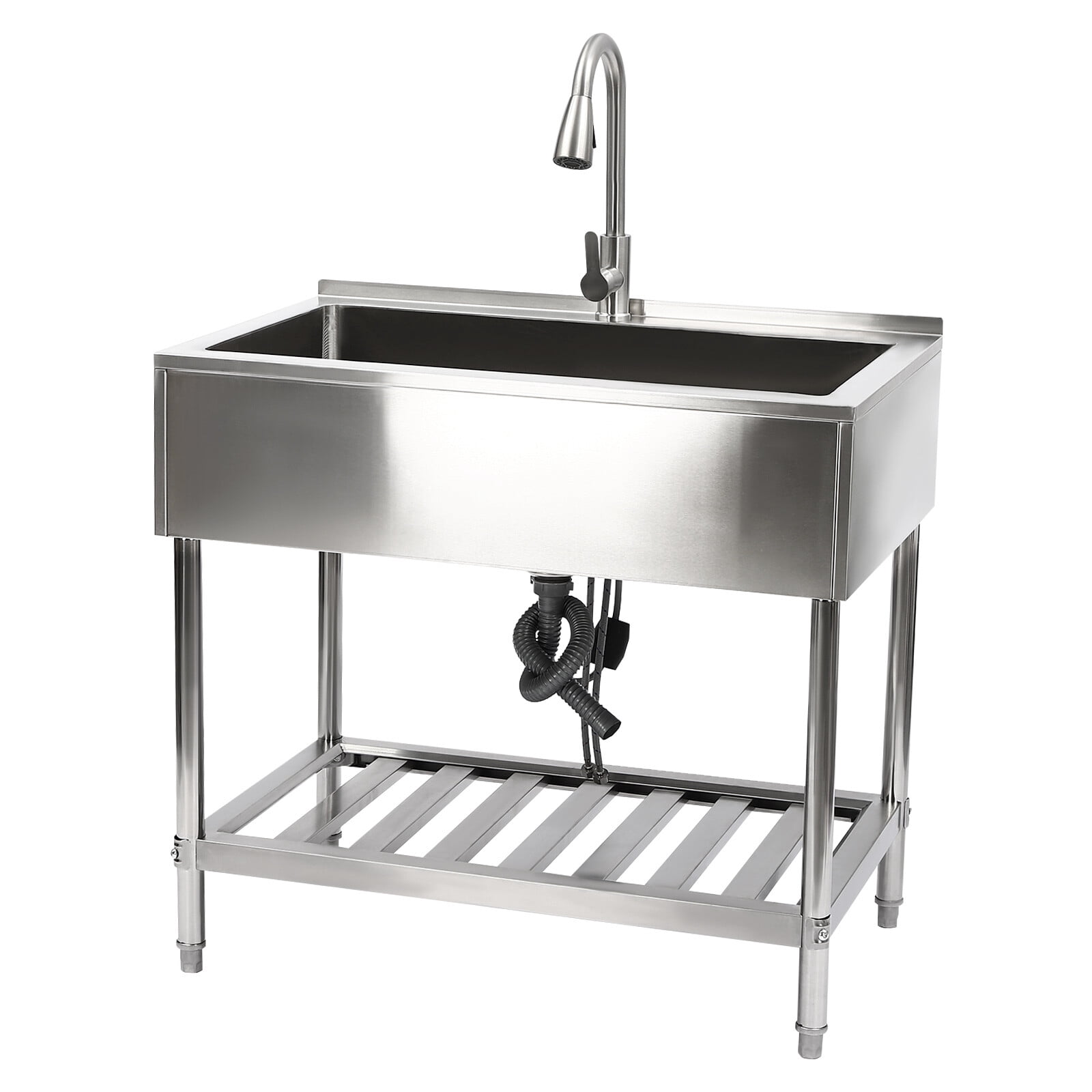 Stainless Steel Utility Sink, Freestanding Single Bowl Laundry Sink with Hot and Cold Pull-Out Faucet, Adjustable Feet & Storage Shelf for Kitchen Laundry Room Restaurant, 36" x 22" x 34"