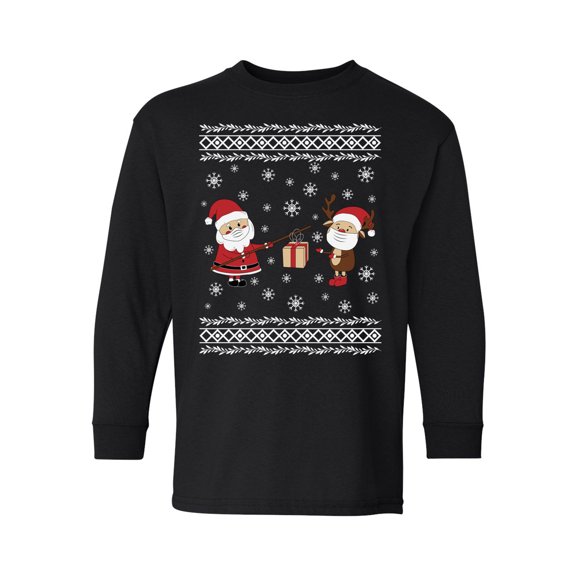 Christmas Deer Long Sleeve Shirt for Boys Girls Xmas T-Shirt Xmas Gifts Funny Christmas Tee for Kids Holiday Gifts Santa's Reindeer Top Santa in Mask