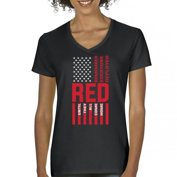Remember Everyone Deployed Women's V-Neck T-shirt Until They All Come Home RED Friday Military US Flag American Patriot Tee