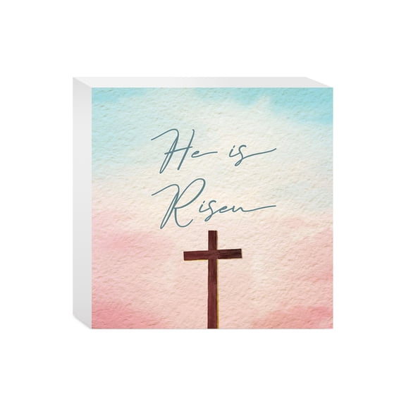 He Is Risen Cross Pink Fade Blue 5 x 5 Wood Tabletop Sign Plaque