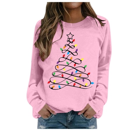 FYEGRE Christmas Shirts for Women Long Sleeve Casual Xmas Tree Graphci Cute Party Holiday Tees Fashion Fall Pullover Tops Pink XXL