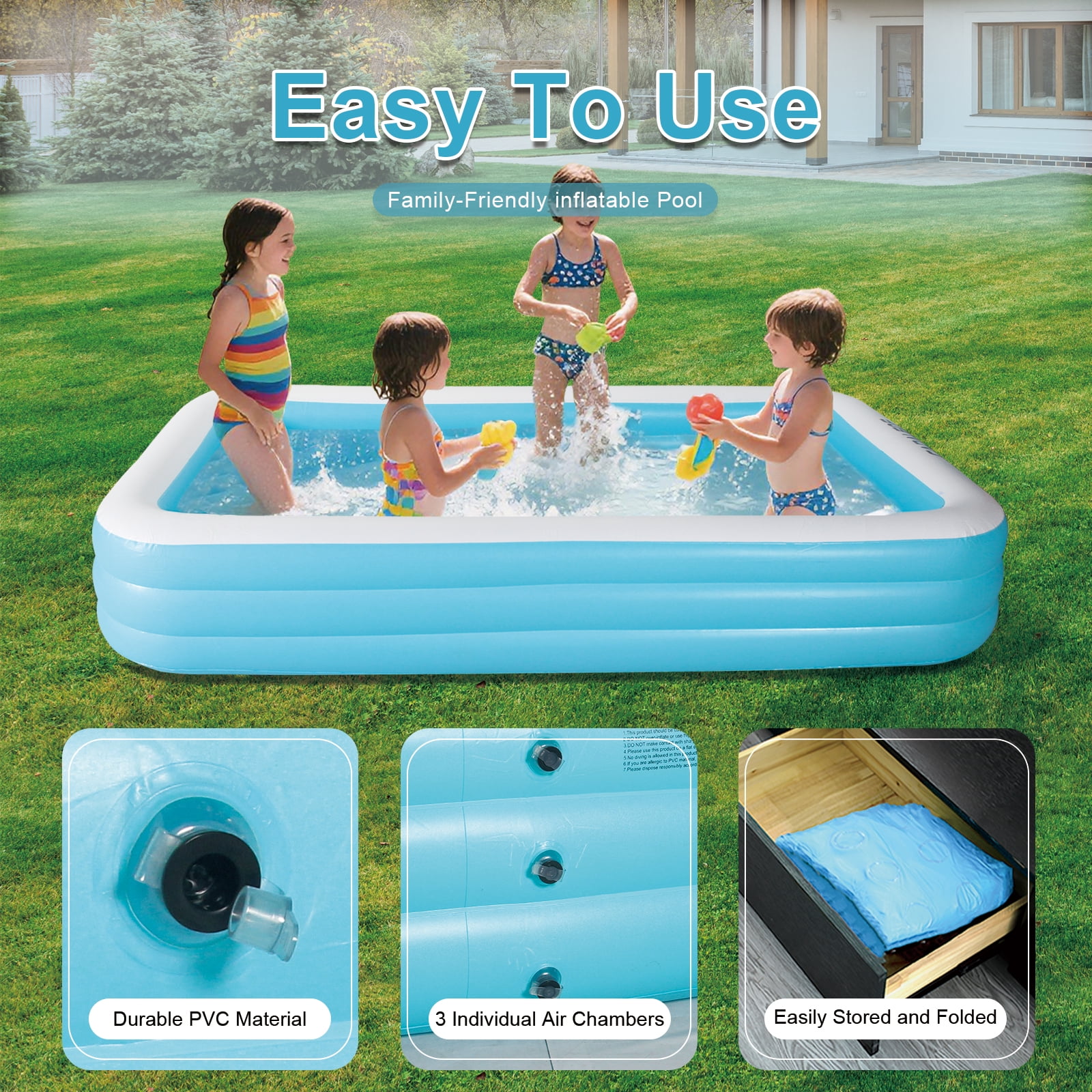 CADALENE Inflatable Swimming Pool for Kids and Adults, 10ft Rectangular Family Large Blow up Pool for Backyard, Outdoor