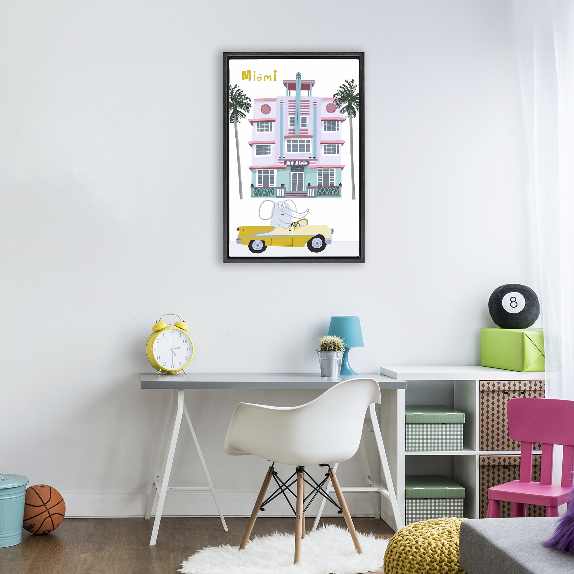 Elephant & Miami Hotel Black Framed Floater Canvas Wall Art, design by Carla Daly