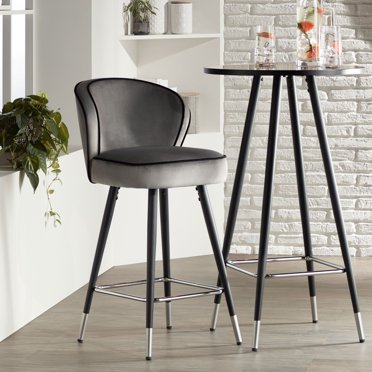Studio 55D Elba Chrome Metal Bar Stool Black Silver 27 3/4" High Modern Gray Velvet Upholstered Cushion for Kitchen Counter Height Island Home Shed