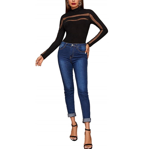 Fortune Women Mesh Sheer Bodysuit Long Sleeve Leotard Tops Slim