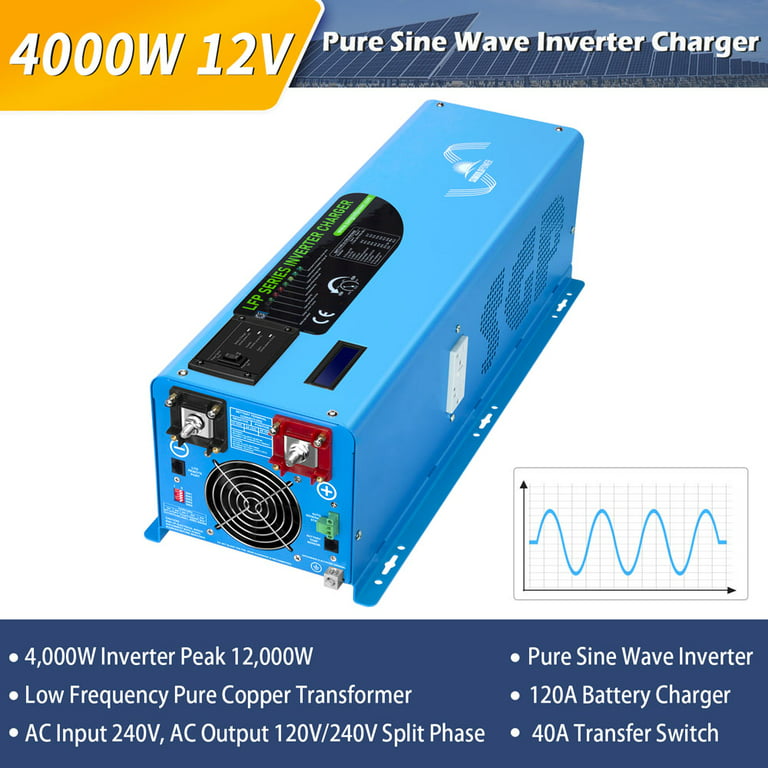 SUNGOLDPOWER 4000W Max 12000W Input 240VAC Split Phase 120V / 240V Output Pure  Sine Wave Inverter Charger 120A DC 12V Converter LCD Remote Control 