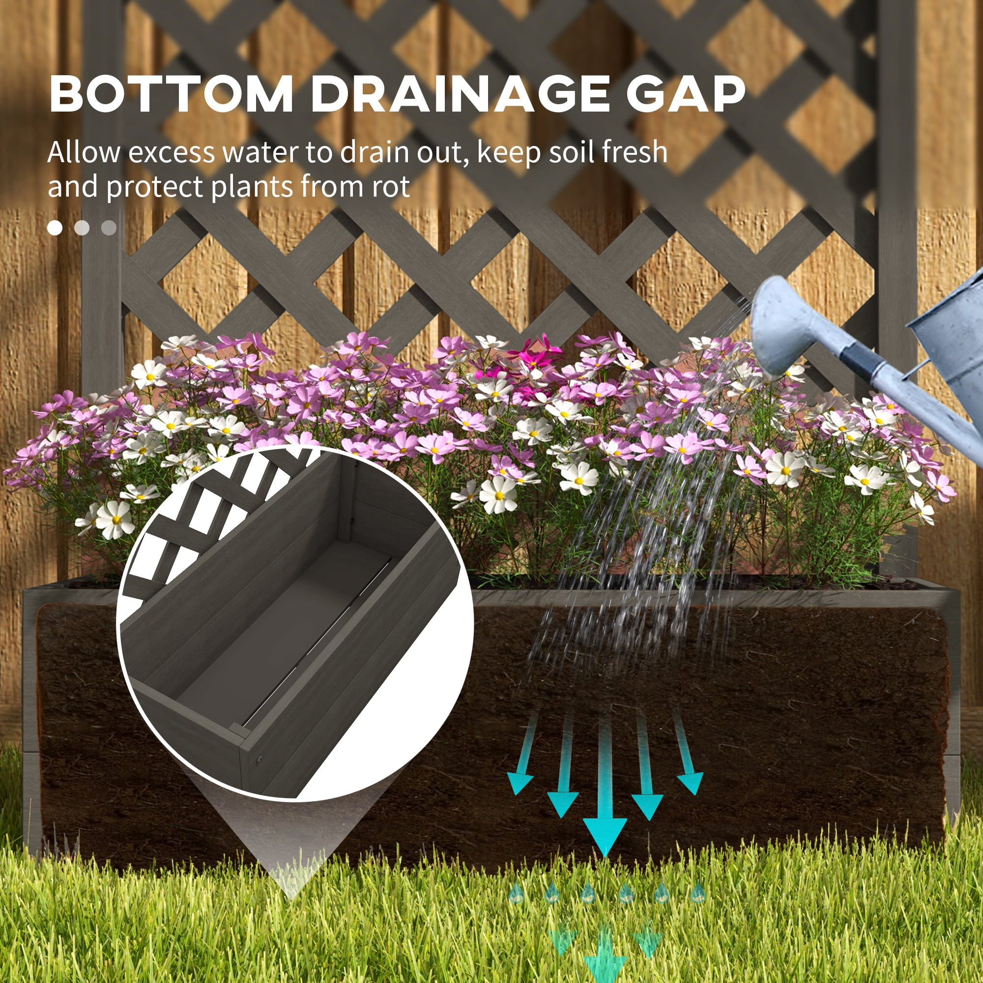 Outsunny Raised Garden Bed w/ Trellis Lattice, Drainage Gap, Freestanding Trellis Planter for Climbing Plants, Vines, Flowers, Dark Gray