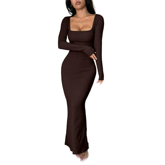 Women'S Casual Long Sleeve Maxi Dress Spring Fall Square Neck Soft Lounge Long Bodycon Dress Dark Brown S