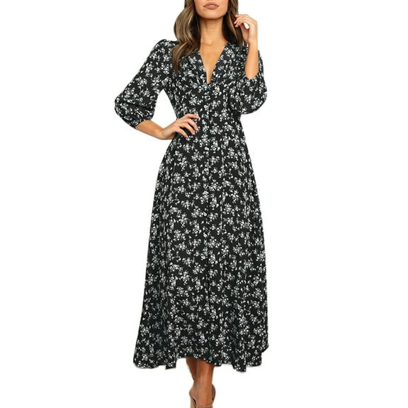 Winter Fall Dresses for Women Wedding Guest Long Sleeve Fashion V-Neck Three Quarter Sleeve Floral Print Open Fork Hem Long Dress