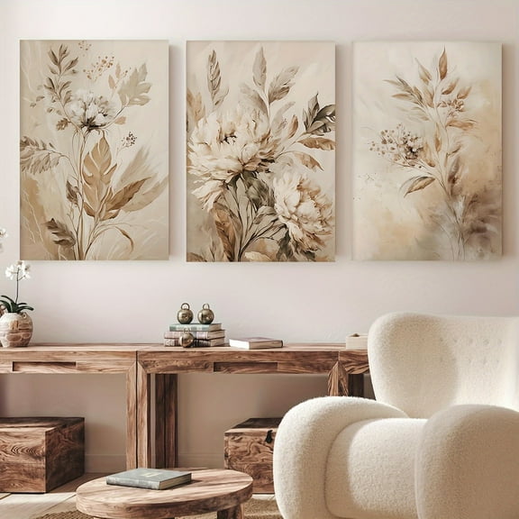 3pcs Beige Abstract Flower Canvas Wall Decoration, Beige Abstract Art, Neutral Plant Print Wall Decoration, Beige Artwork, Neutral Flower Picture, Beige Flower, Neutral Flower Print, Wrapped Canvas