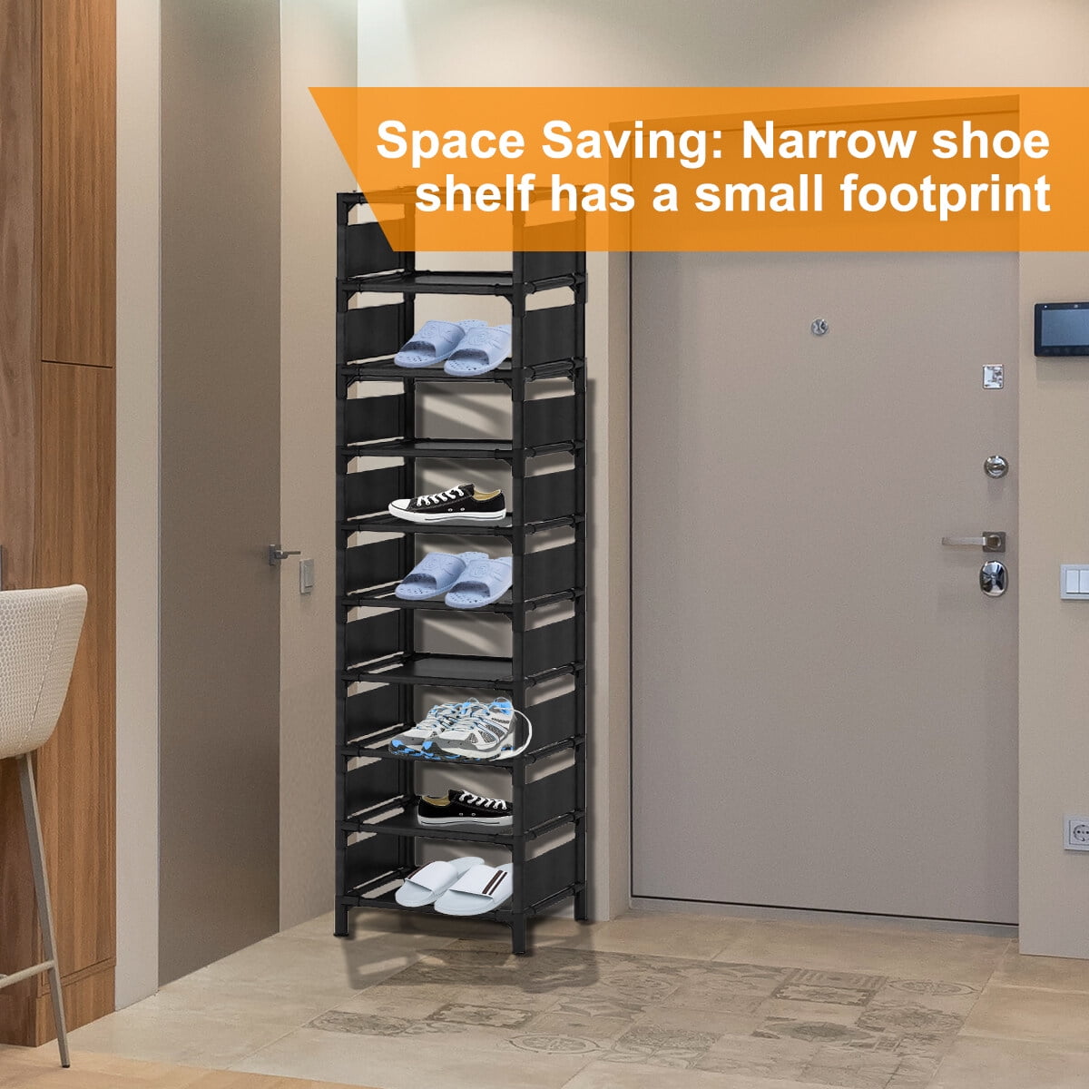 10 Tiers Vertical Shoe Rack, Stackable Combination Shoe Rack, Up to 20-24 Pairs, Sturdy Metal Narrow Shoe Rack Shoe Shelf, Space-Saving Tall Shoe Rack for Hallway Garage Living Room