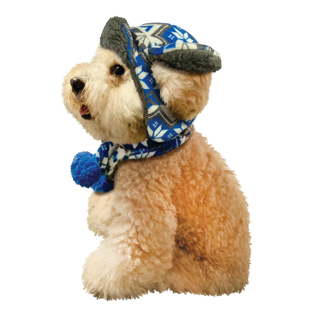 Fetchwear Snowflake Fleece Trapper Hat & Scarf Set for Dogs, Blue/Gray, X-Small/Small