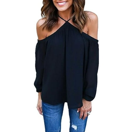Tie Front Chiffon Blouse - DYMADE Women's Chiffon Off Shoulder Halter Neck Long Sleeve Shirt Blouse Top Black